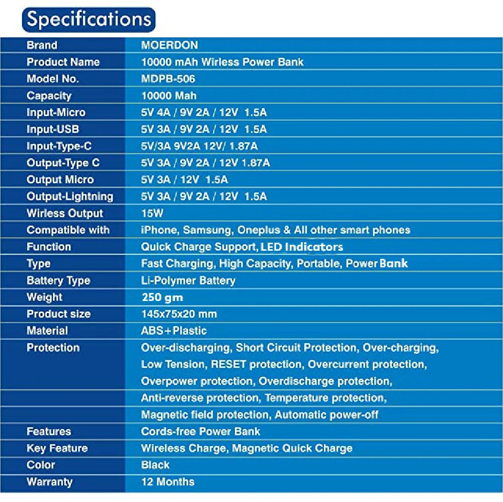 Moerdon 10000 mAh wireless power bank